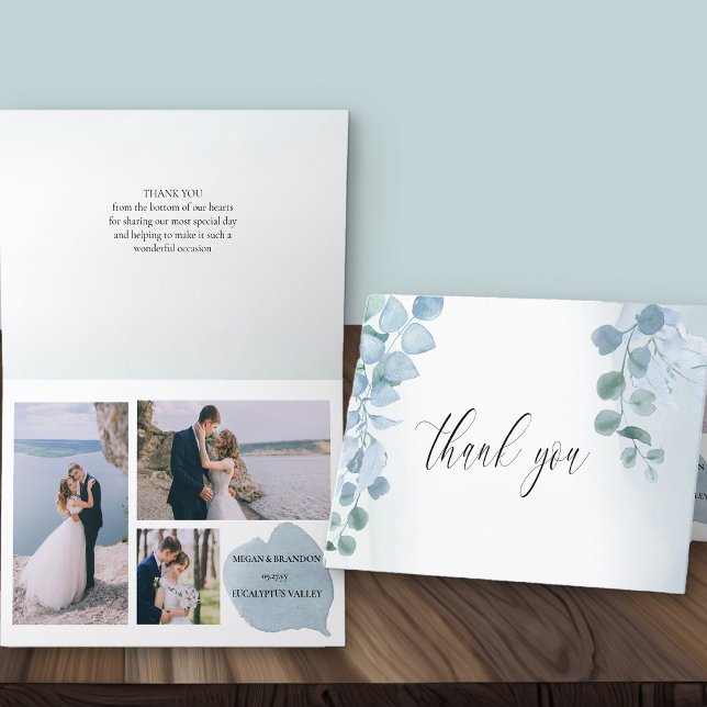 Cartão De Agradecimento Casamento Fotográfico Dusty Eucalyptus Elegant 3 (Thank you card with 3 wedding photos from Dusty Eucalyptus wedding collection)