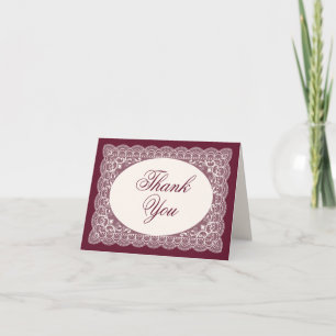 Cartão De Agradecimento Casamento Fotográfico Elegante Borgonha com Renda