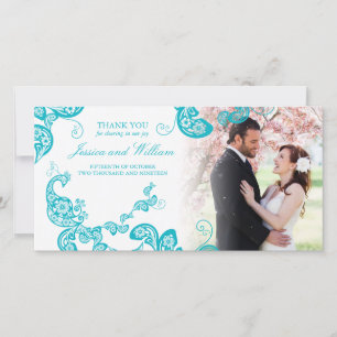 Cartão De Agradecimento Casamento Fotográfico Elegante Turquoise Floral Pe