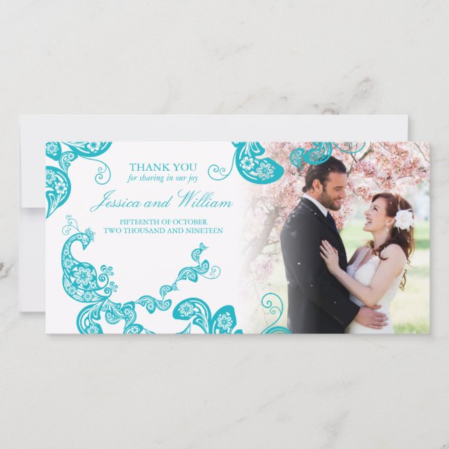 Cartão De Agradecimento Casamento Fotográfico Elegante Turquoise Floral Pe (Frente)