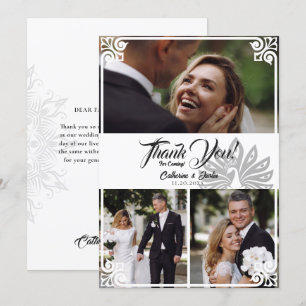 Cartão De Agradecimento Casamento Fotográfico em Branco 3 Deco Peacock
