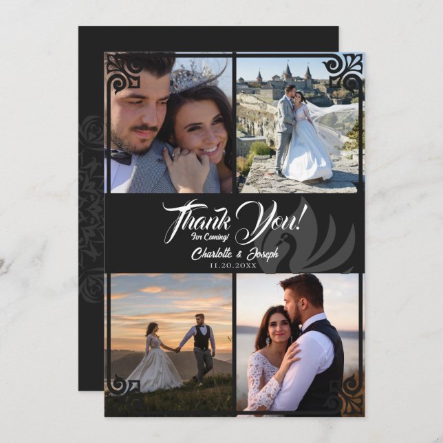 Cartão De Agradecimento Casamento Fotográfico Moderno Deco Black Swan 4 (Frente/Verso)