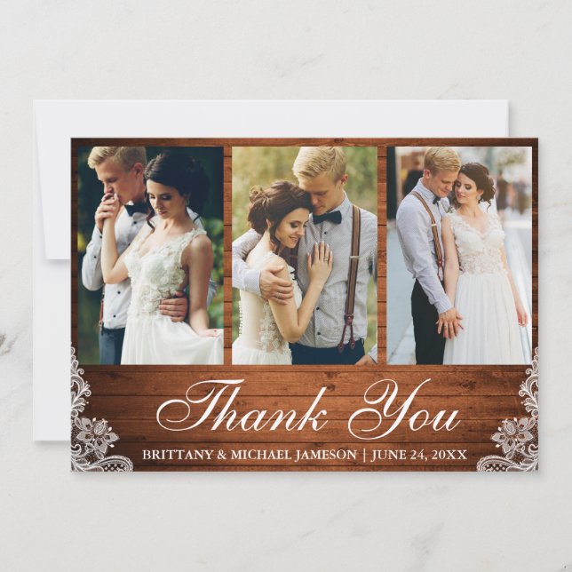 Cartão De Agradecimento Casamento Fotográfico Rustic Wood Lace 3 Obrigado (Frente)