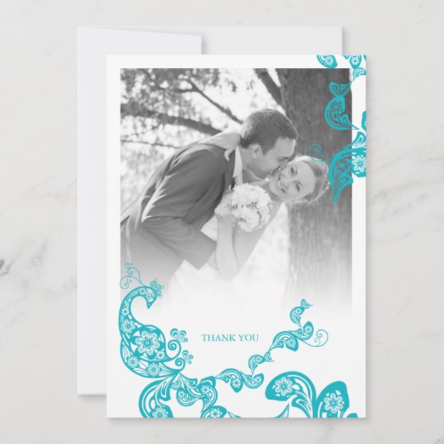 Cartão De Agradecimento Casamento Fotográfico Turquoise Blue Boho Paisley  (Frente)