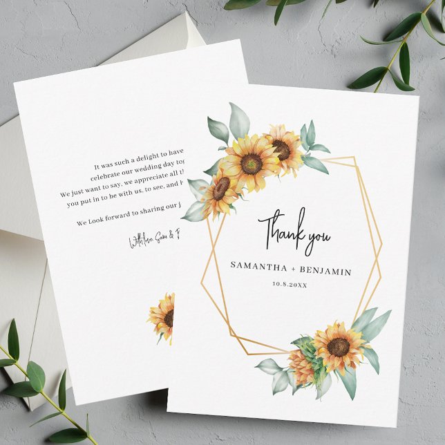 Cartão De Agradecimento Casamento Geométrico de Sunflower Eucalyptus (Floral Sunflower Eucalyptus Wedding Thank You Script Card)