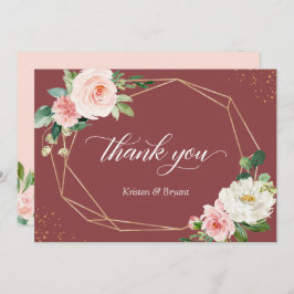 Cartão De Agradecimento Casamento Geométrico Dourado Floral Cinnamon Rosa 