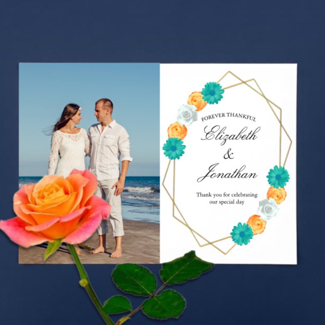 Cartão De Agradecimento Casamento Geométrico Laranja Teal Floral (Criador carregado)