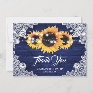 Cartão De Agradecimento Casamento Girassol de Renda em Madeira Azul Marinh
