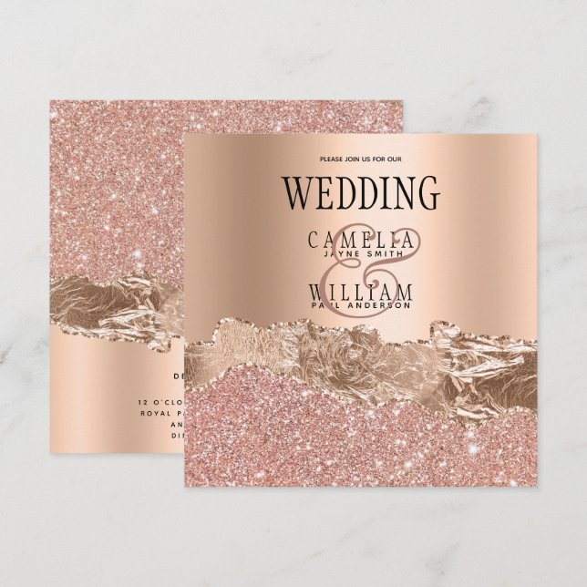 Cartão De Agradecimento Casamento Glitter Dourado Rosa Glamoroso Invitati (Frente/Verso)