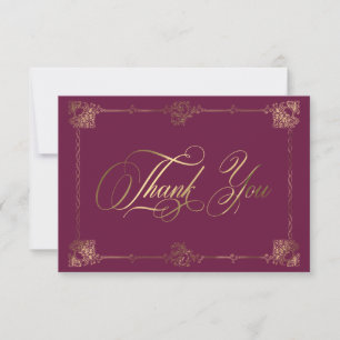 Cartão De Agradecimento Casamento Gótico com Pergaminho Dourado e Burgundy