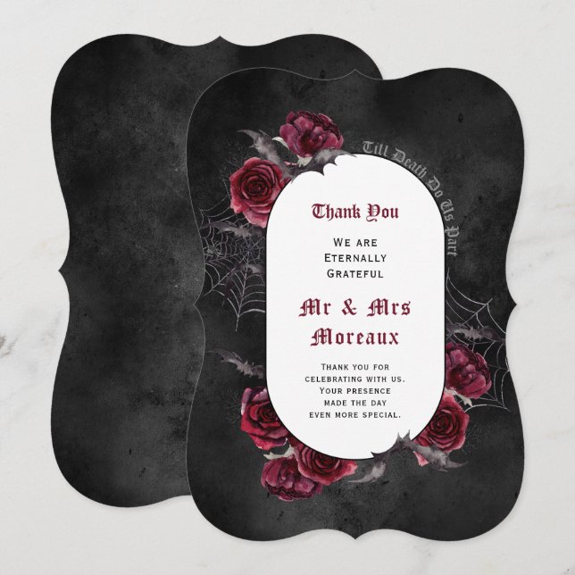 Cartão De Agradecimento Casamento Gótico dos Rosas Elegantes (Frente/Verso)