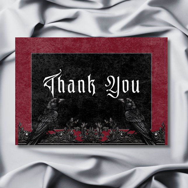 Cartão De Agradecimento Casamento Gótico Negro Raven e Rosas Borgonha (Gothic Black Raven & Roses Burgundy Wedding Thank You Card)