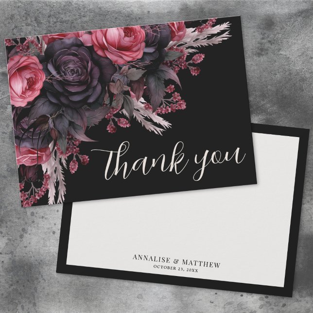 Cartão De Agradecimento Casamento Gótico Vermelho Negro Floral (Floral Red Black Gothic Wedding Thank You Card)