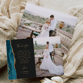 Cartão De Agradecimento Casamento Grafia Dourada Ágata Azul Teal