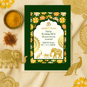 Cartão De Agradecimento casamento hindu marfim esmeralda ornamentado pavão
