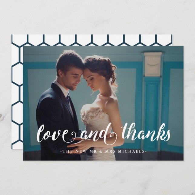 Cartão De Agradecimento Casamento Impressão Geométrico Azul - Obrigado Fot (Frente/Verso)