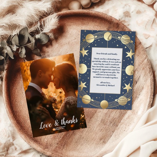 Cartão De Agradecimento Casamento Lua Crescente Naval Celestial em Ouro (Criador carregado)
