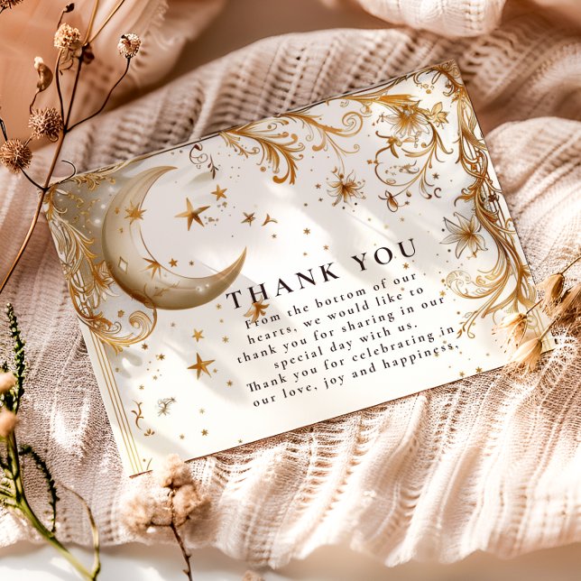 Cartão De Agradecimento Casamento Lua e Estrelas em Ouro Branco Celestial (Criador carregado)