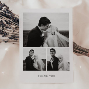 Cartão De Agradecimento Casamento Minimalista Preto & Branco com 3 Fotos