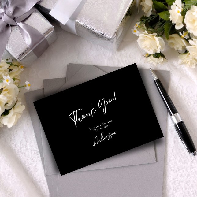 Cartão De Agradecimento Casamento Mínimo Elegante Preto e Branco Escrito M (Criador carregado)