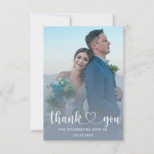 Cartão De Agradecimento Casamento Moderno Azul Empoeirado & Foto Obrigado