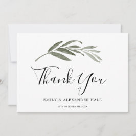 Cartão De Agradecimento Casamento Moderno da Folha Verde de Watercolor Ele