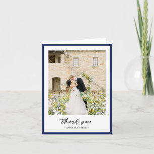 Cartão De Agradecimento Casamento Moderno de Foto Azul do Marinho Elegante