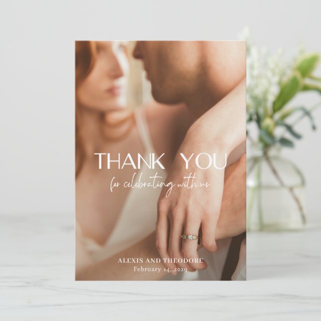 Cartão De Agradecimento Casamento Moderno de Foto Branca e Preta (Em pé/Frente)