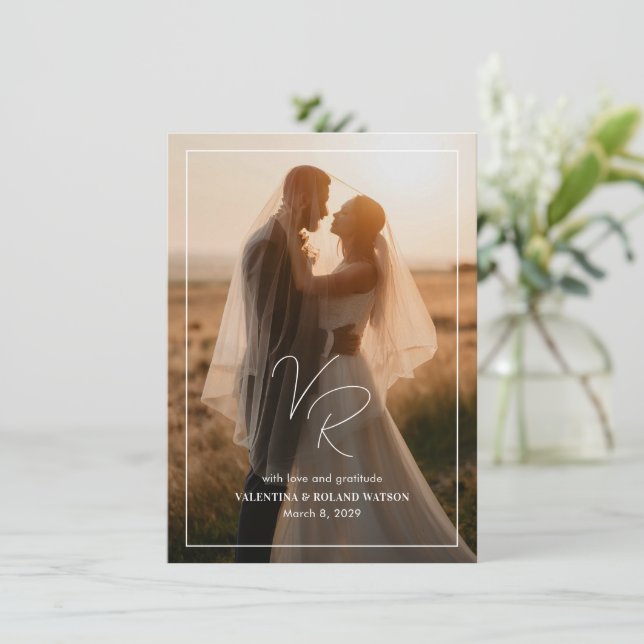 Cartão De Agradecimento Casamento Moderno de Foto Branca e Preta (Em pé/Frente)