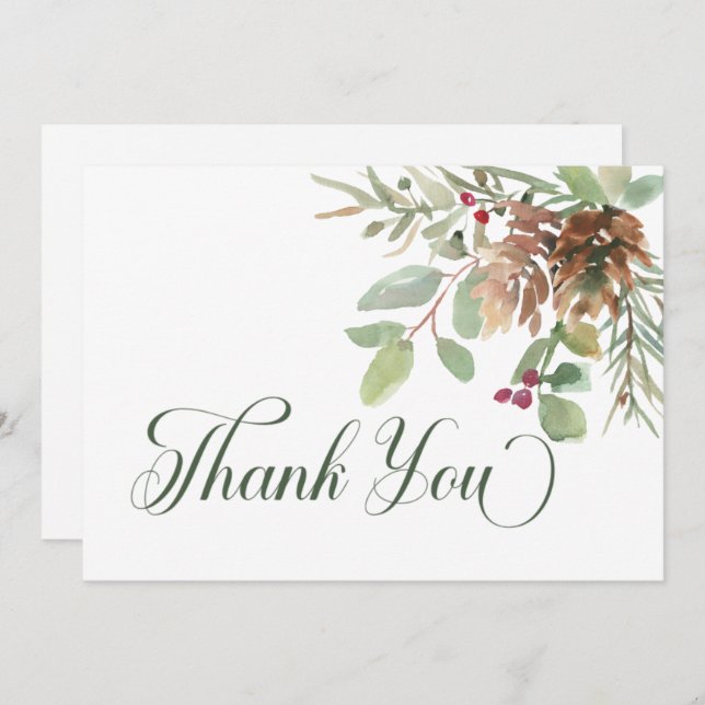 Cartão De Agradecimento Casamento Moderno de Winter Pine Cone Berries (Frente/Verso)