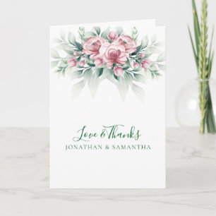 Cartão De Agradecimento Casamento Moderno Elegante Rosa Verde