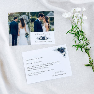 Cartão De Agradecimento Casamento moderno floral em azul naval e azul poei