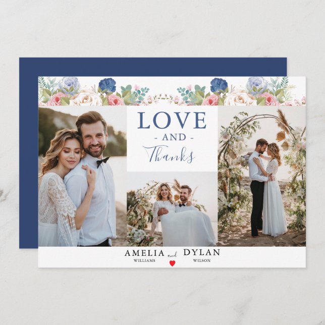 Cartão De Agradecimento Casamento Moderno Floral Rosa-Rosa-Marinho-Russo (Frente/Verso)