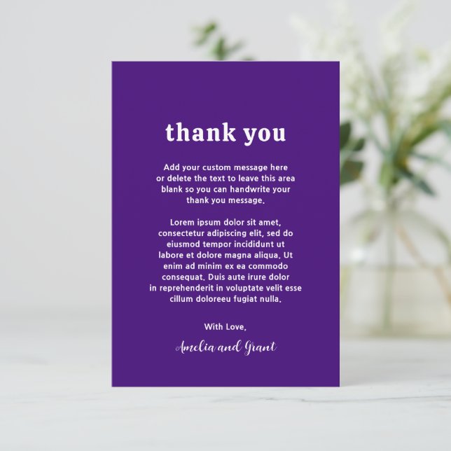Cartão De Agradecimento Casamento Moderno Fonte Retro Roxo (Em pé/Frente)