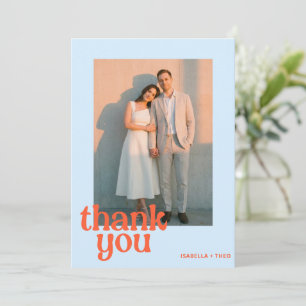 Cartão De Agradecimento Casamento Moderno Groovy Azul Laranja Foto em Negr