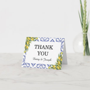 Cartão De Agradecimento Casamento Moderno Mediterrâneo Azul com Mosaico de