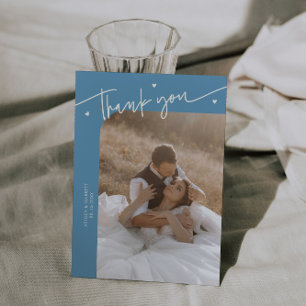 Cartão De Agradecimento Casamento Moderno Script Coração Denim Azul