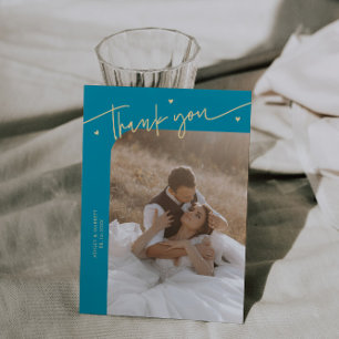 Cartão De Agradecimento Casamento Moderno Script Heart Aqua Blue