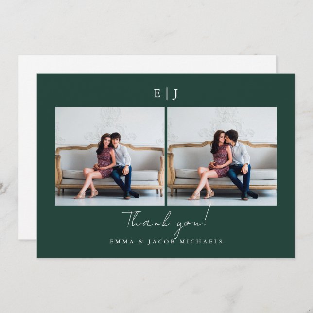 Cartão De Agradecimento Casamento Monograma Obrigado Foto Verde (Frente/Verso)