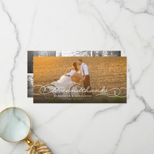 Cartão De Agradecimento Casamento Multifotográfico Com Na moda E Obrigado (Frente/Verso In Situ)