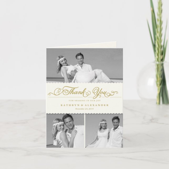 Cartão De Agradecimento Casamento Multifotográfico do Script Romântico 3 d (Frente)