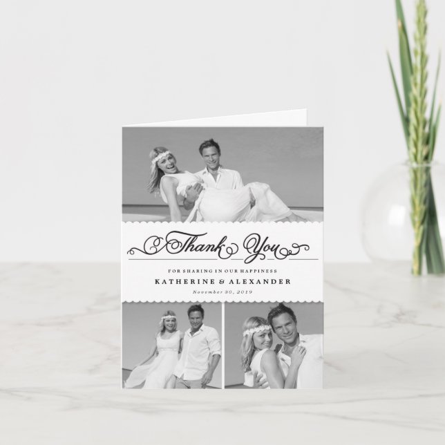 Cartão De Agradecimento Casamento Multifotográfico do Script Romântico 3 d (Frente)