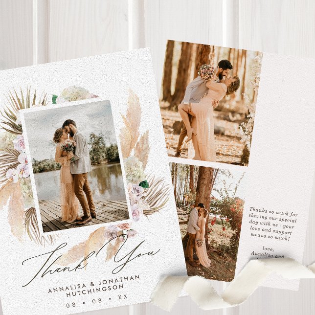Cartão De Agradecimento Casamento Multifotográfico Floral Modern Boho (Criador carregado)