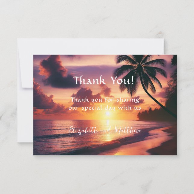 Cartão De Agradecimento Casamento na Praia ao Pôr do Sol Romântico (Frente)