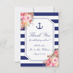 Cartão De Agradecimento Casamento Náutico Anchor Floral Blue Stripe