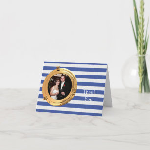 Cartão De Agradecimento Casamento náutico azul e branco do quadro do furo