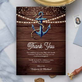 Cartão De Agradecimento Casamento Náutico de Madeira Rústica Azul Naval Ân