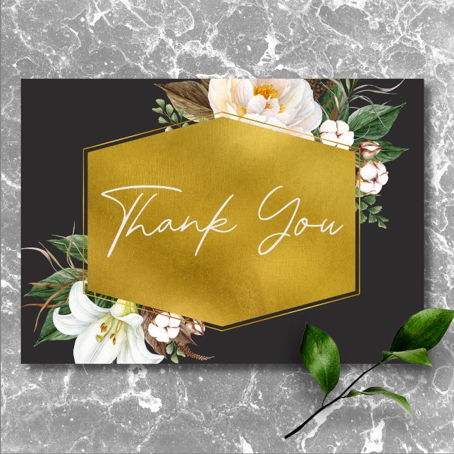 Cartão De Agradecimento Casamento Negra de Peões Brancos Modernos Elegante (Modern Elegant White Peonies Black Wedding Thank You Card)