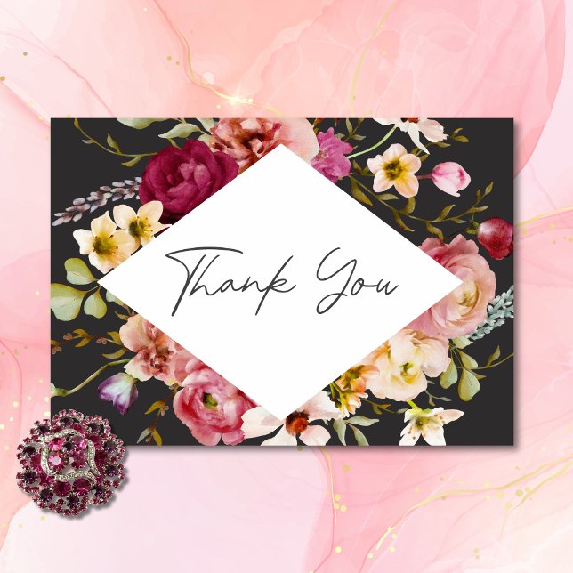Cartão De Agradecimento Casamento Negra Floral do Verão Elegante Moderno (Modern Elegant Summer Meadow Floral Black Wedding Thank You Card)