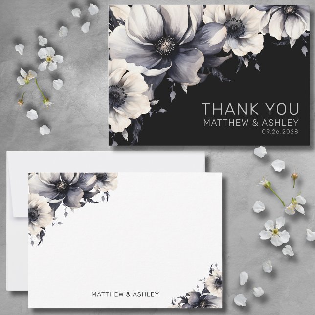 Cartão De Agradecimento Casamento Negra Floral Elegante na moda Moderno (Stylish Modern Elegant Floral Black White Wedding Thank You Card)